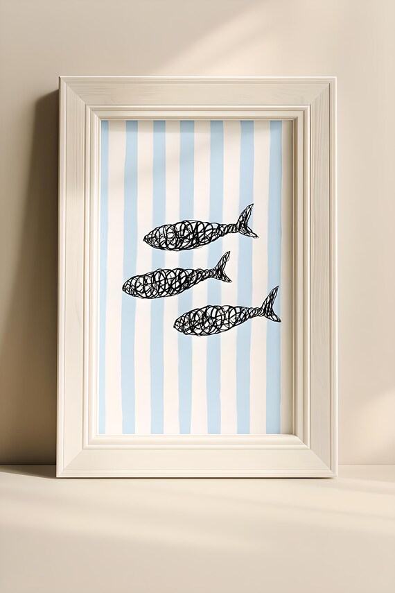 Three Scribble Fish on Blue Stripes Coastal Kids Wall Poster