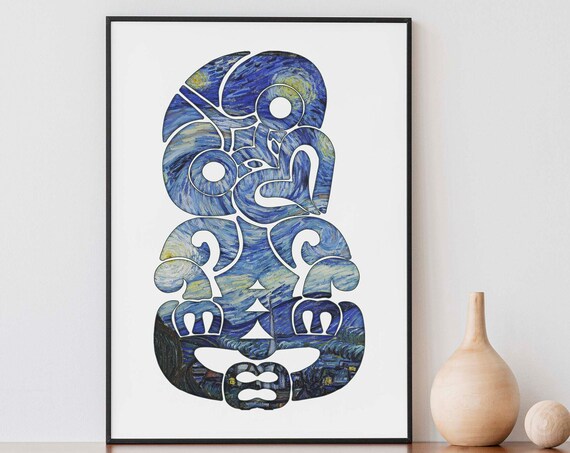 Tiki Art Van Gogh Starry Night Tiki New Zealand Maori Art Print Vintage Painting Wall Art