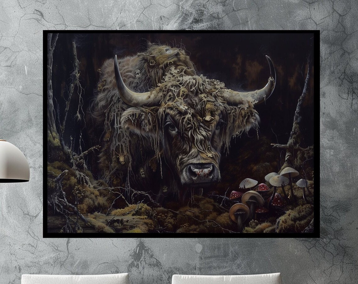Moss Covered Highland Bull Dark Mushroom Forest Painting Poster