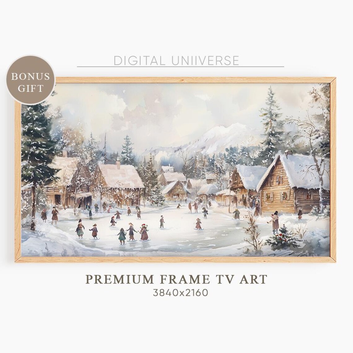 Watercolor Winter Village Ice Skating Scene Christmas Wall Art