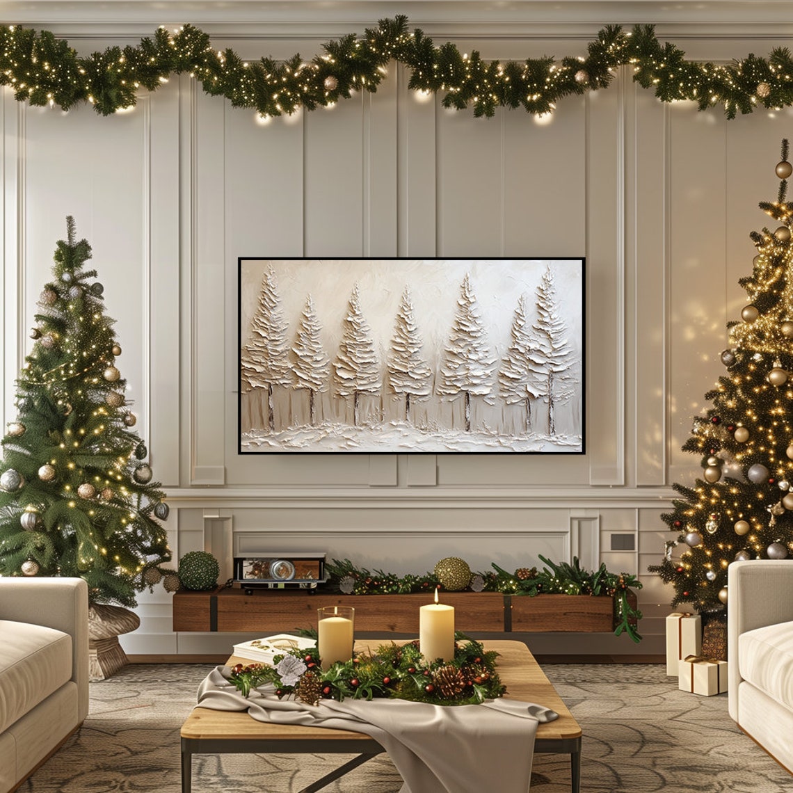 Seven White Textured Pine Trees Beige Winter Forest Scene Wall Art - Image 5