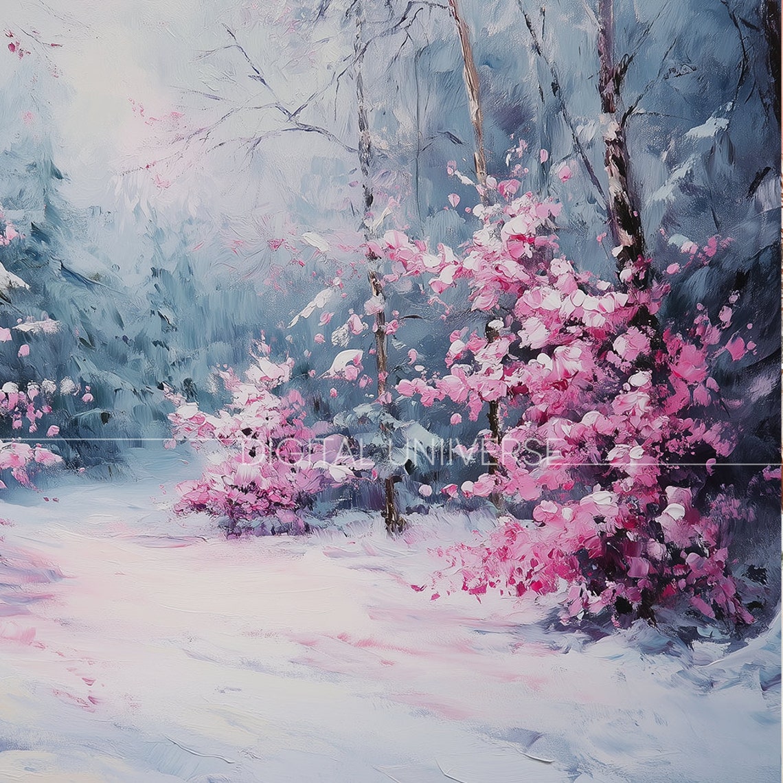 Pink Blossom Bushes Snowy Forest Path Spring Winter Painting Poster - Image 3