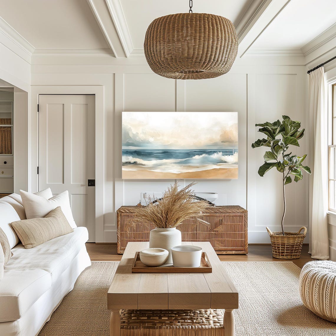 Beach Waves Under Cloudy Sky Watercolor Coastal Scene Wall Art - Image 7
