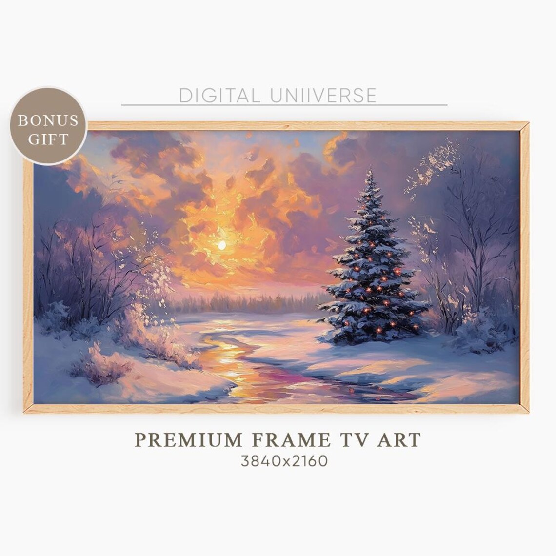 Christmas Tree Frozen Lake Sunset Snowy Winter Landscape Painting Poster