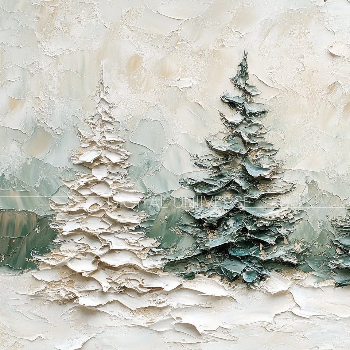 Textured Impasto Snowy Pine Trees Winter Painting Scenic Wall Art - Image 4