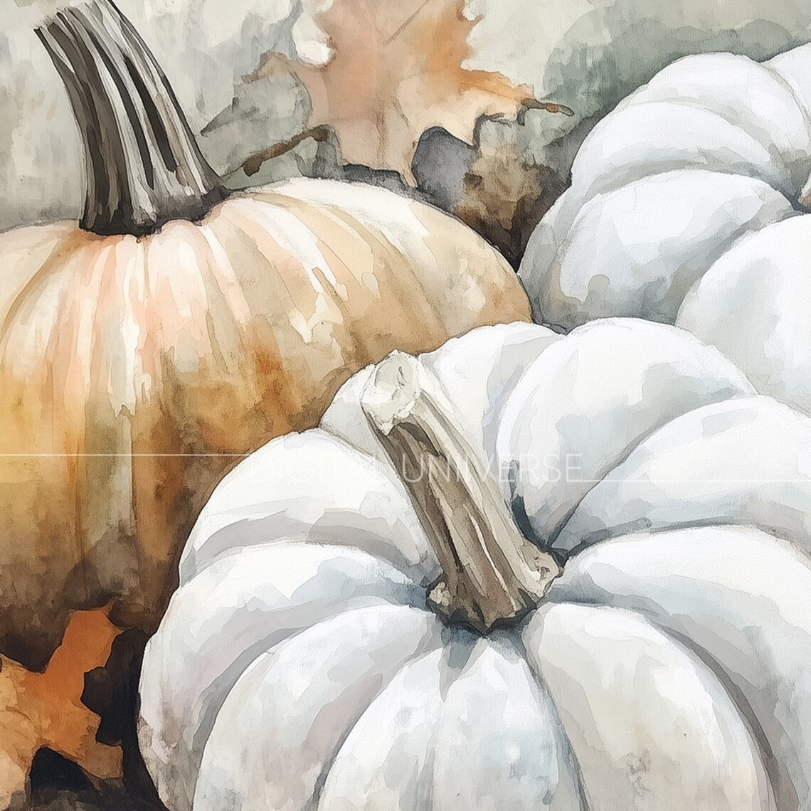 Watercolor White Pumpkins Peach Autumn Harvest Still Life Painting Poster - Image 4