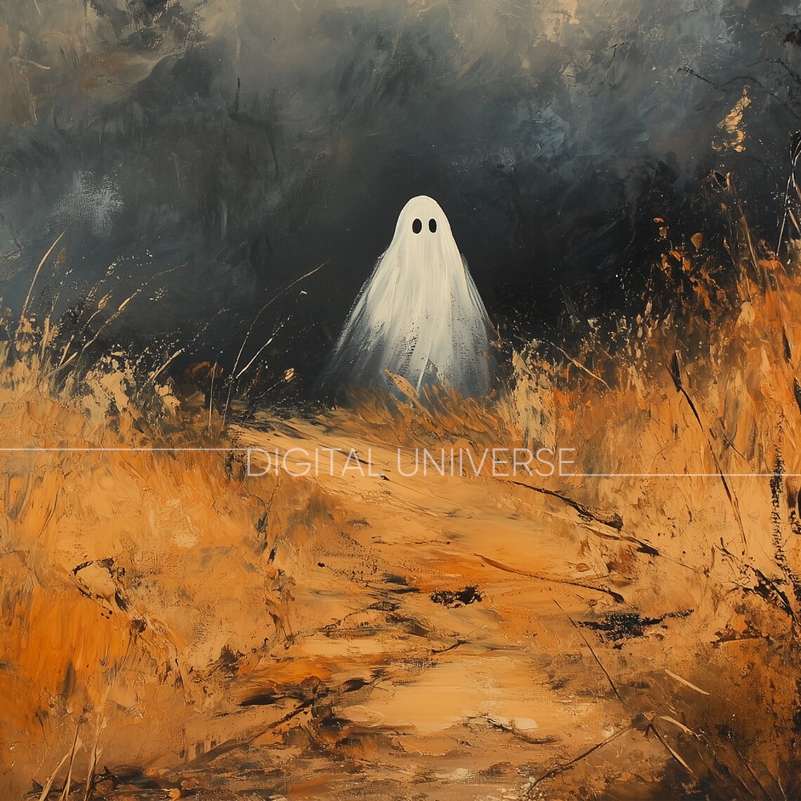 Lone White Ghost Misty Orange Path Dark Spooky Landscape Painting Poster - Image 4