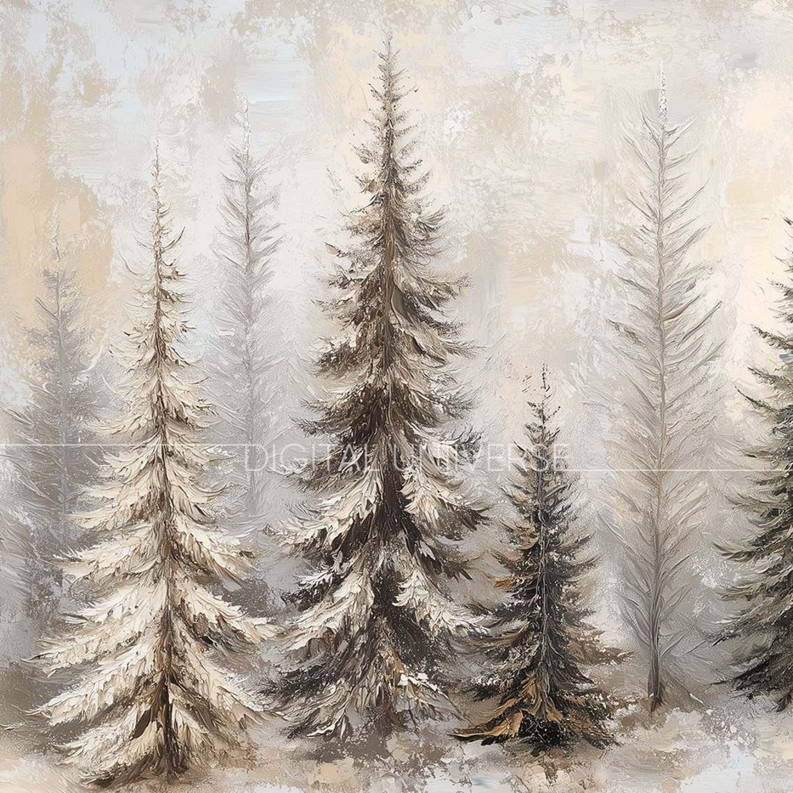 Row of Winter Pine Trees Gray Tones Forest Painting Wall Art - Image 4