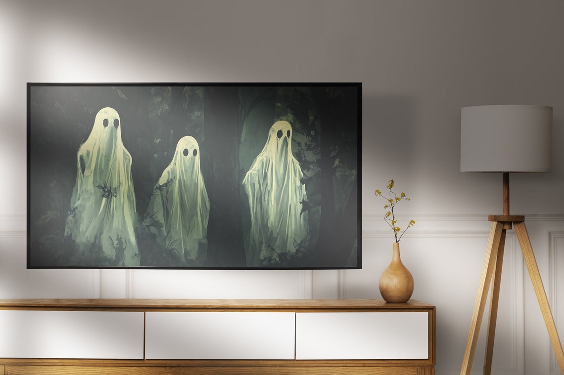 Three White Ghosts Dark Forest Moody Spooky Halloween Painting Poster - Image 7