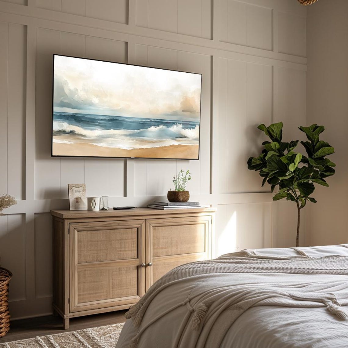 Beach Waves Under Cloudy Sky Watercolor Coastal Scene Wall Art - Image 4