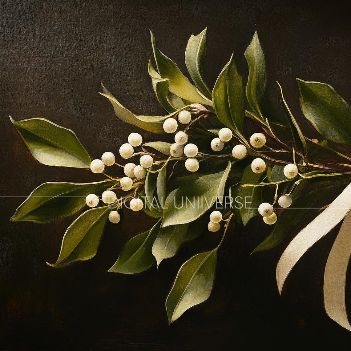 Mistletoe with White Berries and Satin Bow Vintage Christmas Wall Art - Image 4