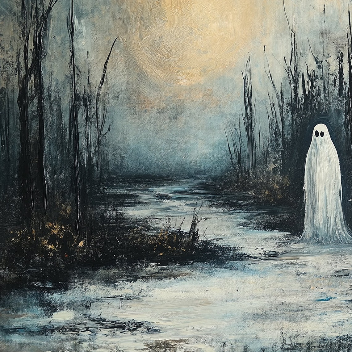 Lonely Ghost in Dark Misty Forest Under Moonlight Halloween Poster - Image 3