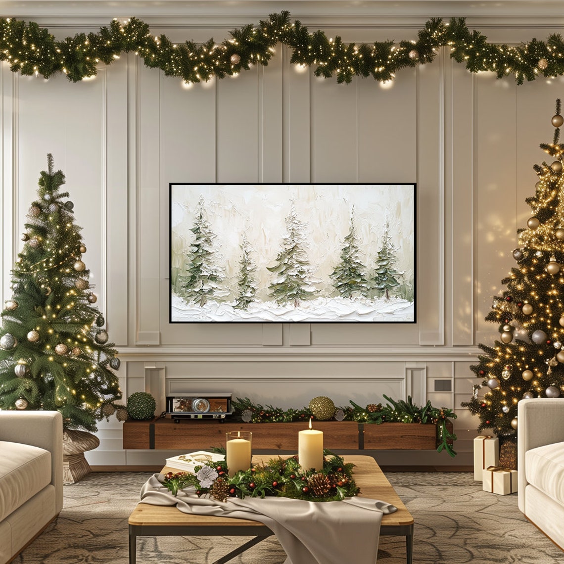 Five Textured Snow Covered Evergreen Trees Winter Scene Wall Art - Image 5