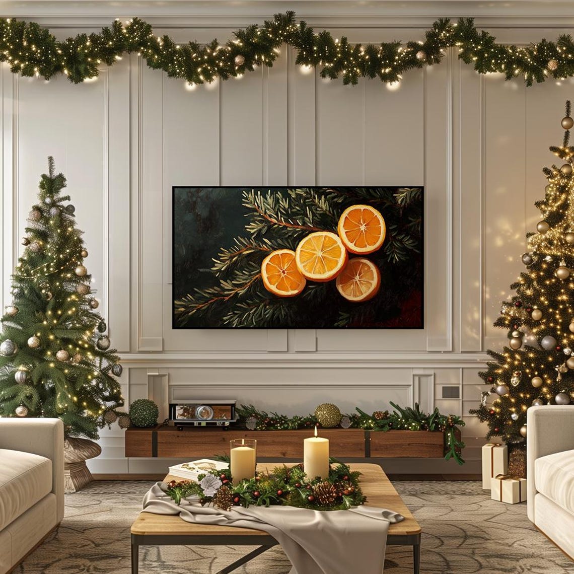 Dried Orange Slices on Pine Branches Dark Vintage Botanical Wall Art - Image 5