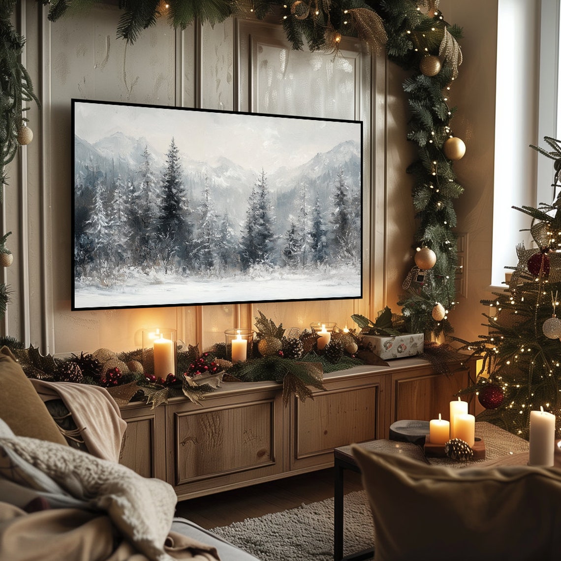 Moody Gray Winter Forest with Snowy Peaks Rustic Landscape Wall Art - Image 5