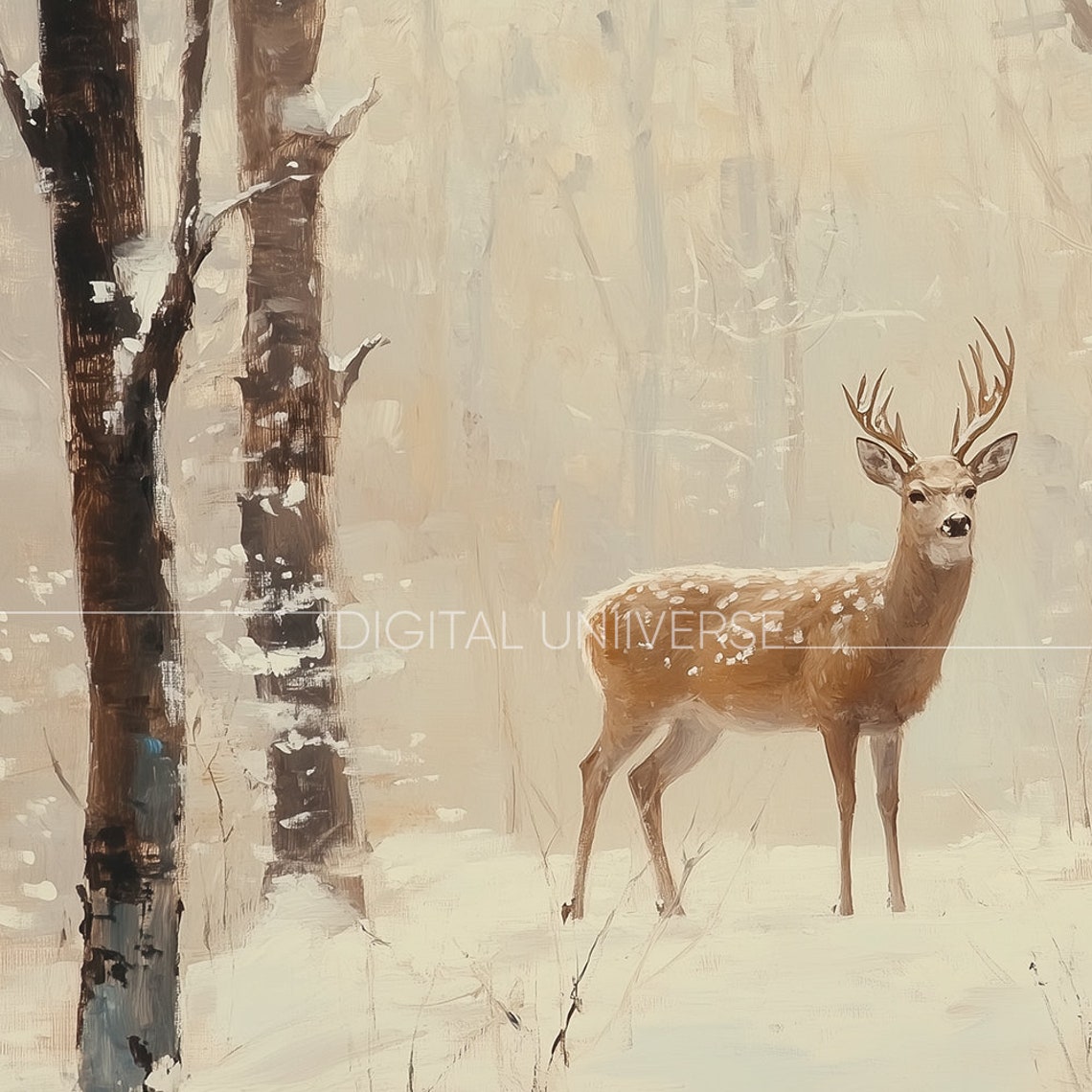 Stag Deer in Snowy Winter Forest Moody Oil Painting Wall Art - Image 4