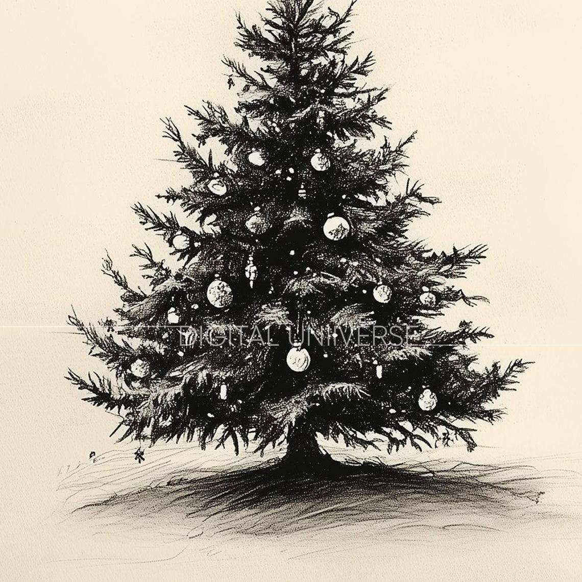 Minimalist Black Christmas Tree Sketch Cream Background Wall Art - Image 3