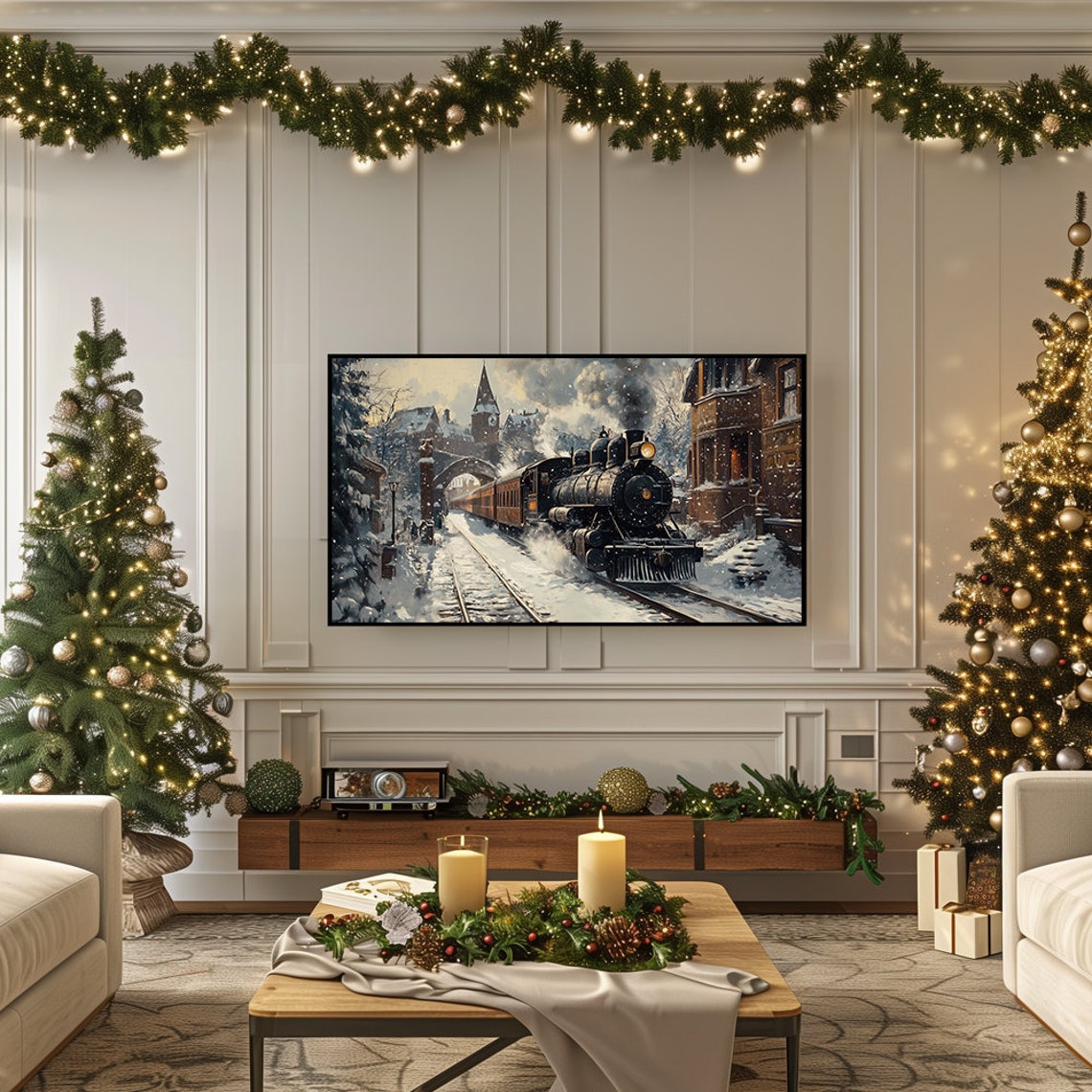 Vintage Steam Train Snowy Village Station Winter Scene Wall Art - Image 5