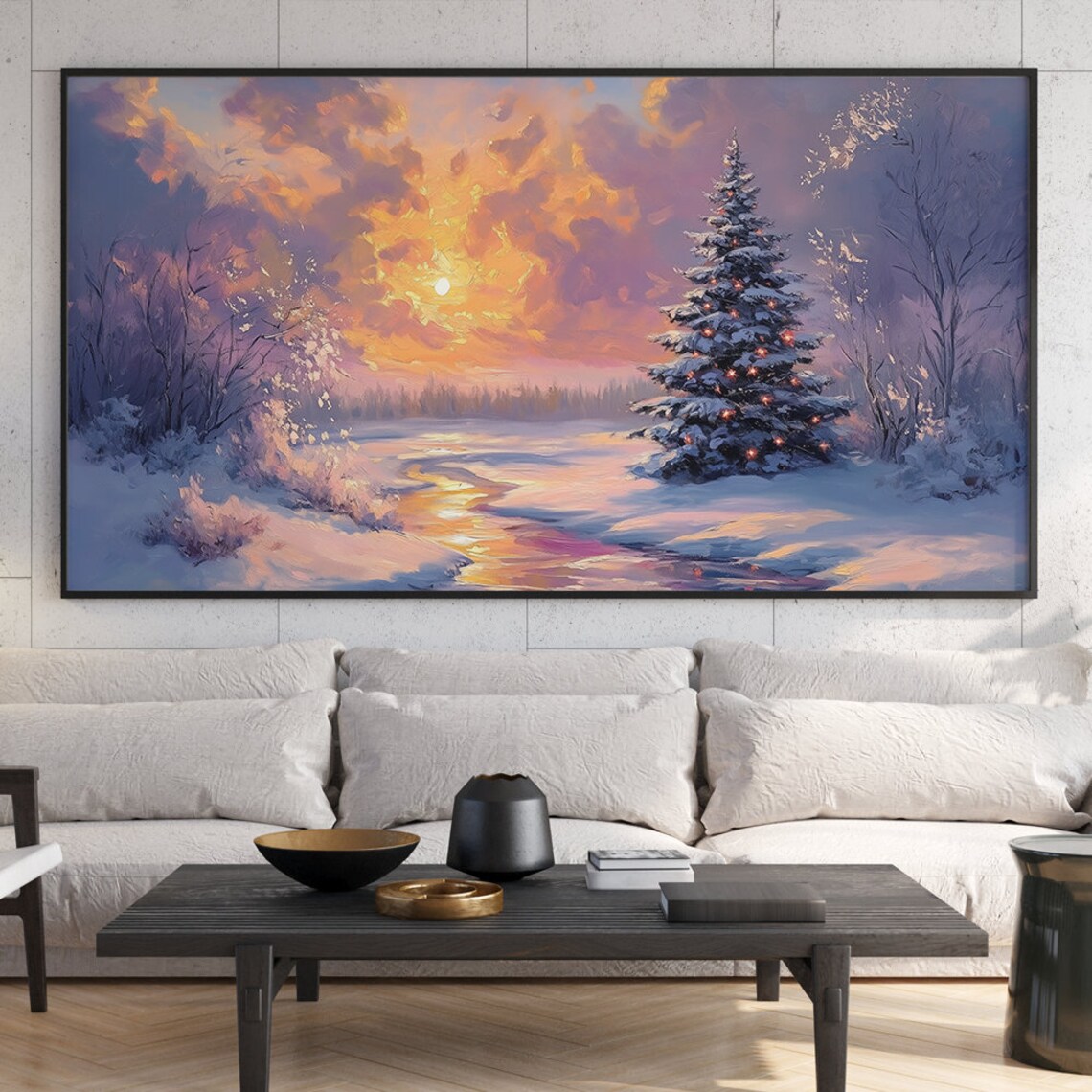 Christmas Tree Frozen Lake Sunset Snowy Winter Landscape Painting Poster - Image 5