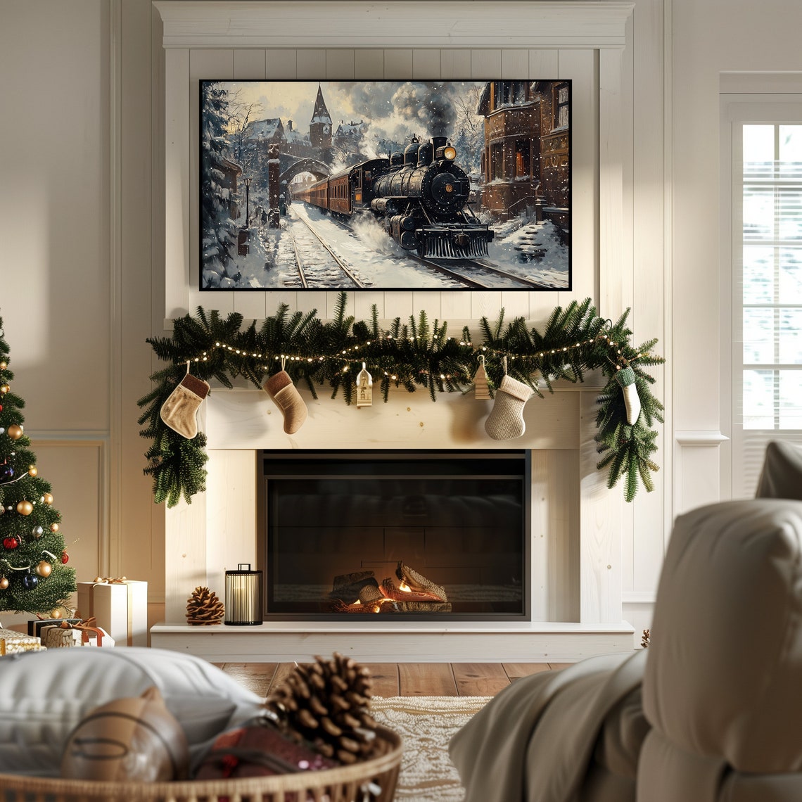 Vintage Steam Train Snowy Village Station Winter Scene Wall Art - Image 7