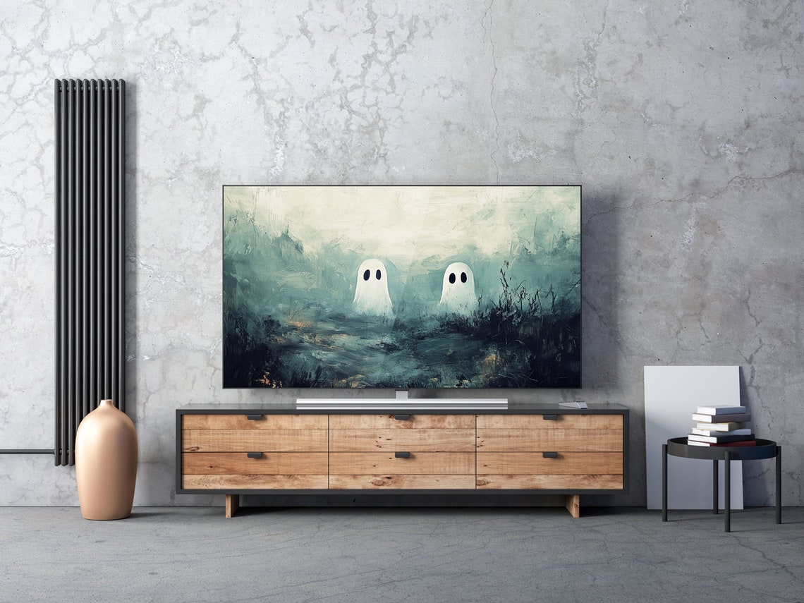 Two Cute White Ghosts Misty Teal Landscape Spooky Cute Painting Poster - Image 6