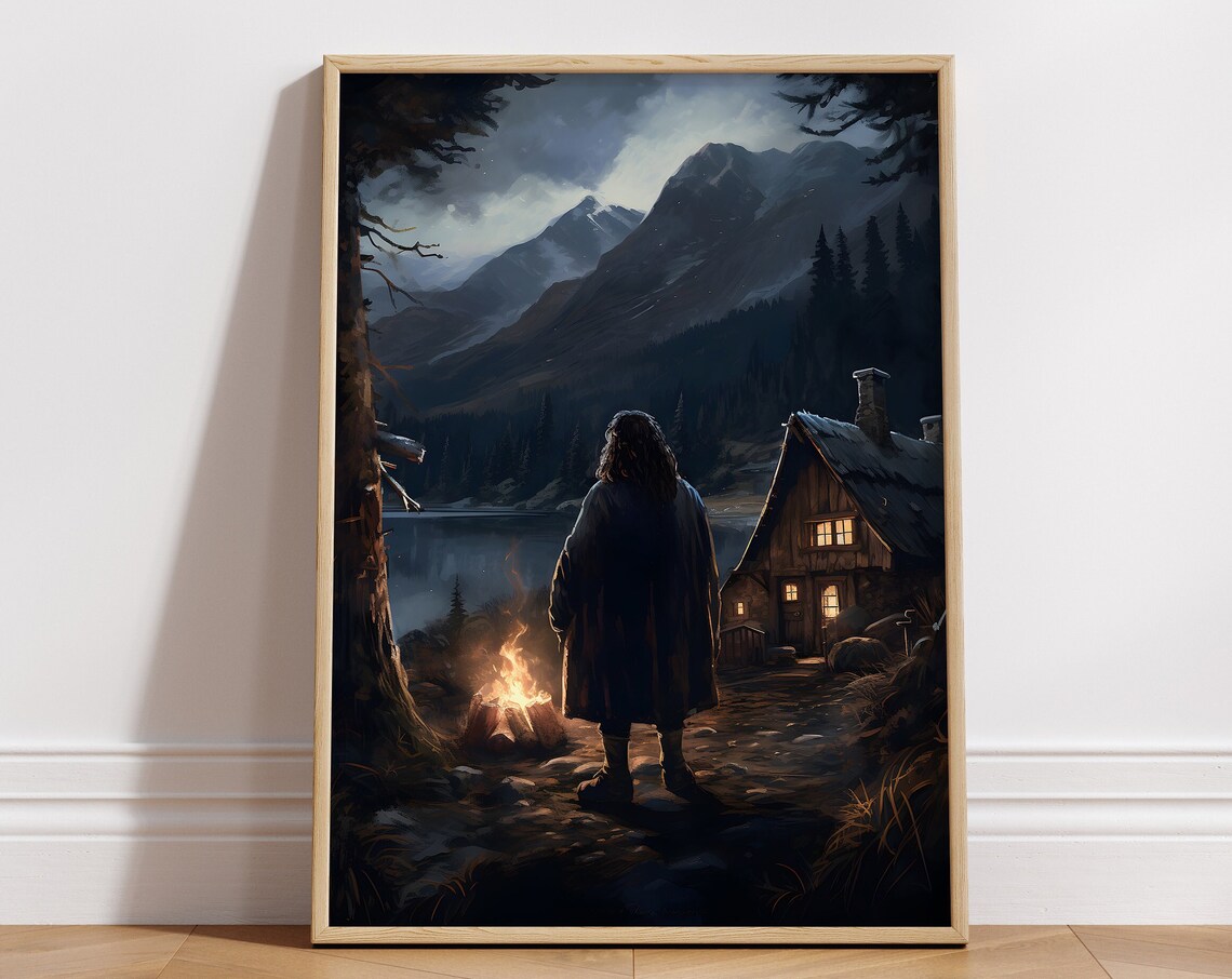 Hagrid's Hut at Night Campfire Mountain Lake Wizard Art Poster