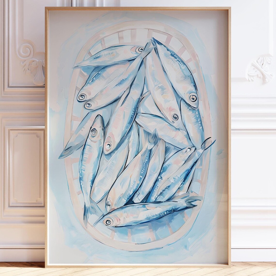 Sardines Watercolor Fish Bowl Blue Coastal Kitchen Illustration Wall Art