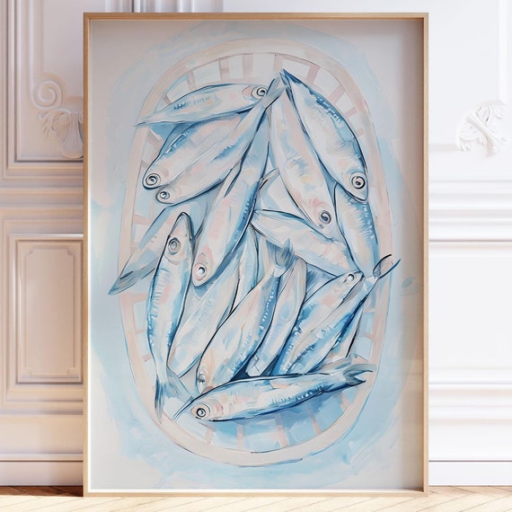 Sardines Wall Art Print Blue Coastal Beachy Poster Abstract Fisherman