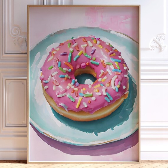 Pink Donut Poster Sprinkles Teal Plate Painted Food Pop Art Kitchen Fun