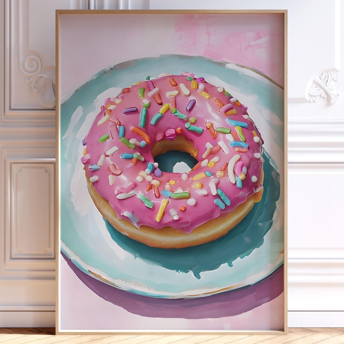 Pink Donut Poster Sprinkles Teal Plate Painted Food Pop Art Kitchen Fun