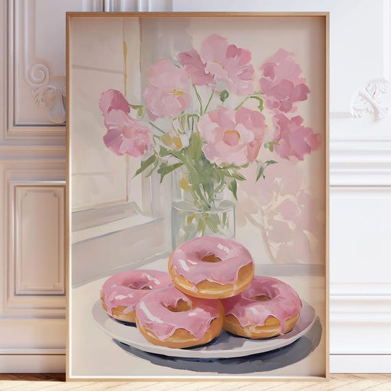 Pastel Pink Donut Wall Art Print Trendy Coquette Kitchen Decor Food Floral Poster