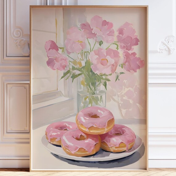 Sweet Pink Glazed Donuts and Flowers Watercolor Still Life Poster