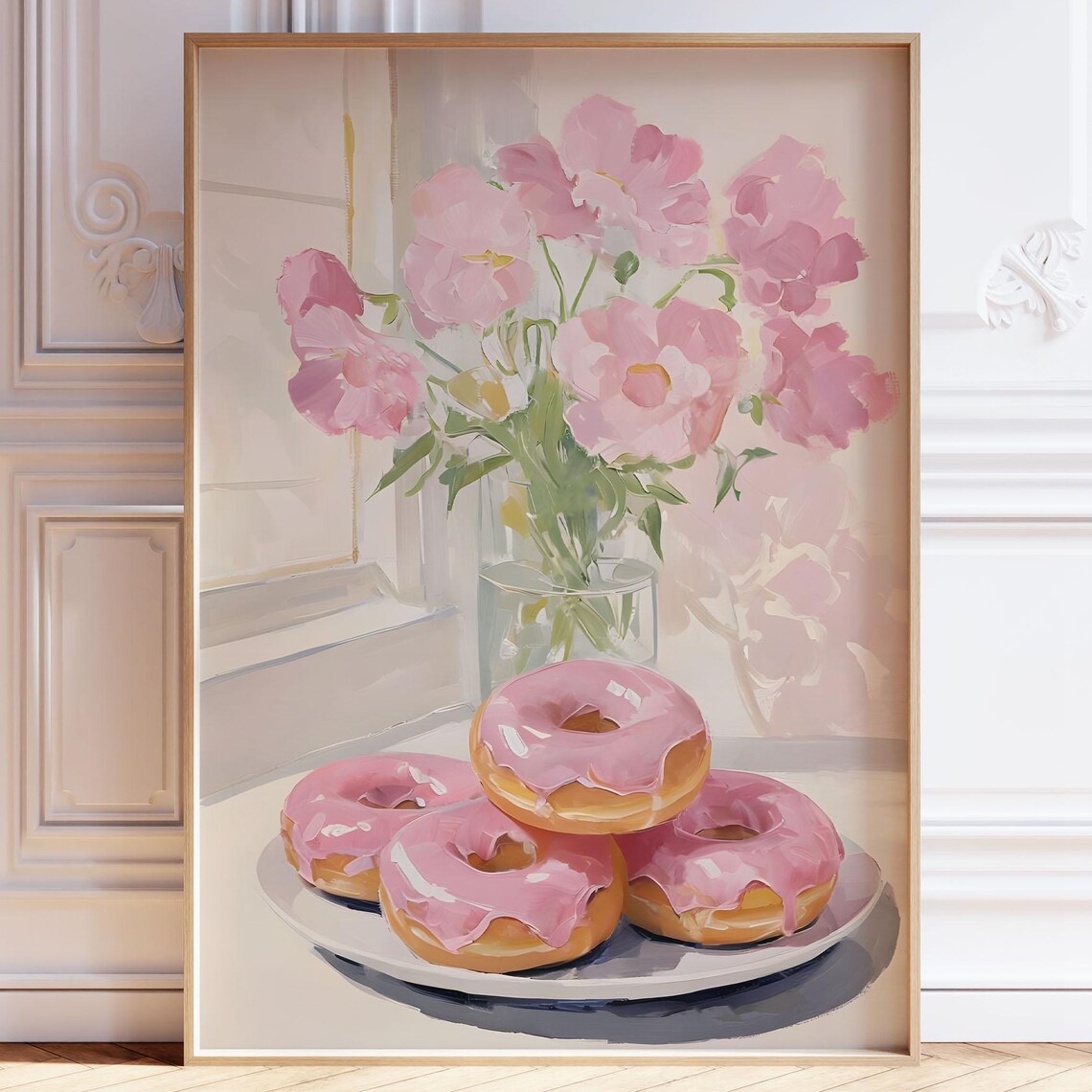 Sweet Pink Glazed Donuts and Flowers Watercolor Still Life Poster