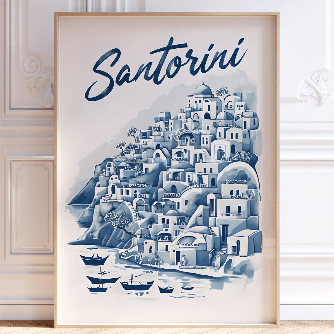 Santorini Greece Navy Hand Drawn Cliff Village Sea Travel Poster