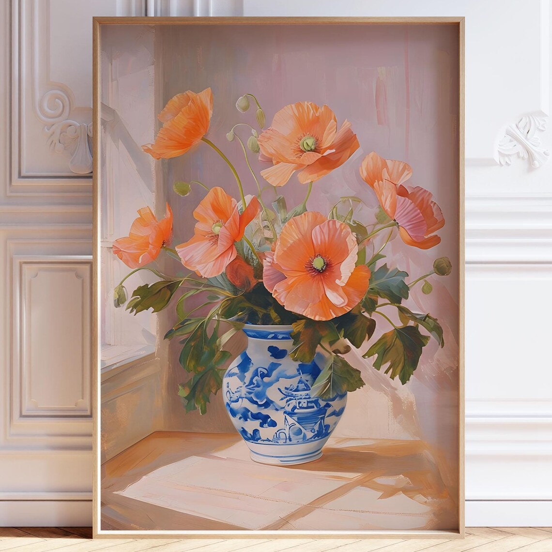 Coral Poppies Chinoiserie Blue Vase Floral Still Life Art Poster