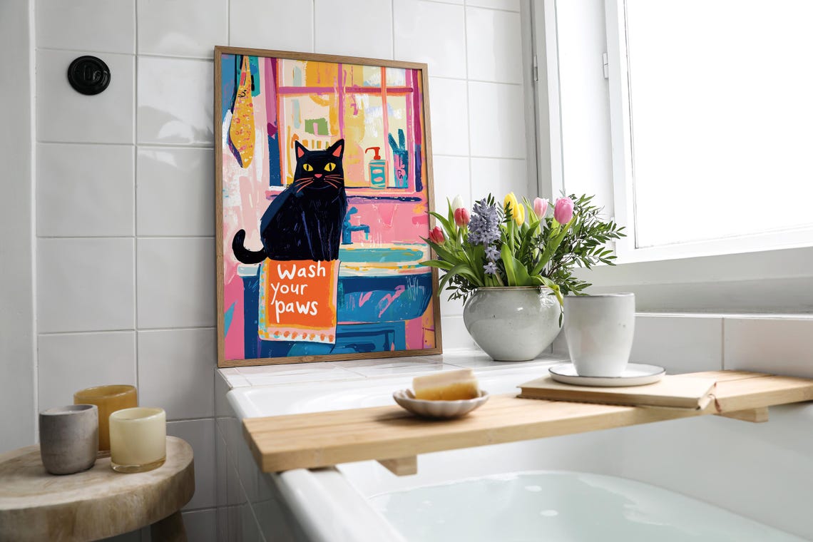 Wash Your Paws Funny Cat Poster, Bathroom Decor - Image 3