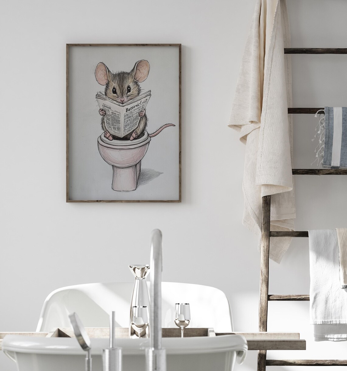 Mouse Reading A Newspaper Bathroom Art Print - Image 3