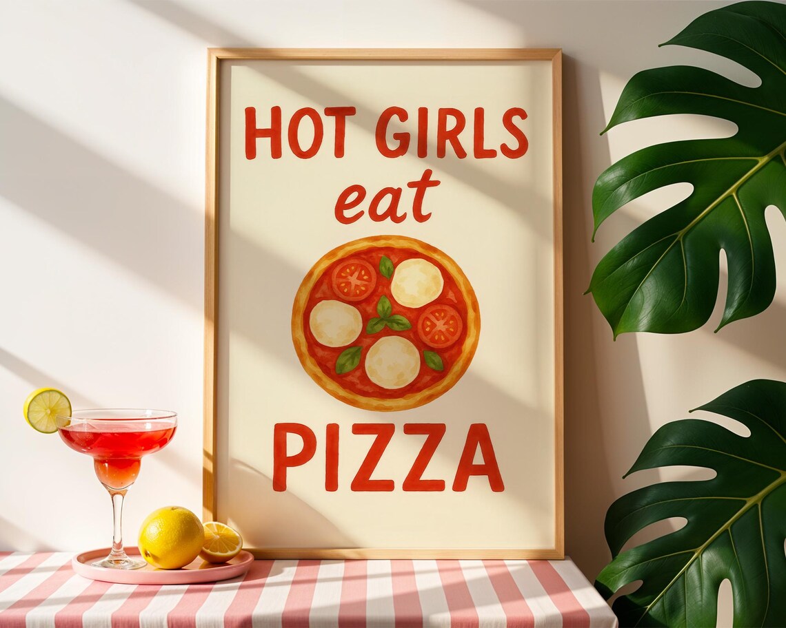 Hot Girls Eat Pizza, Watercolor Kitchen Quote - Image 5