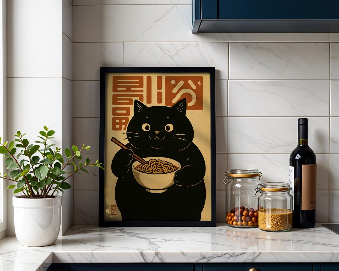 Chubby Cat Ramen, Japanese Retro Style Art Print - Image 3