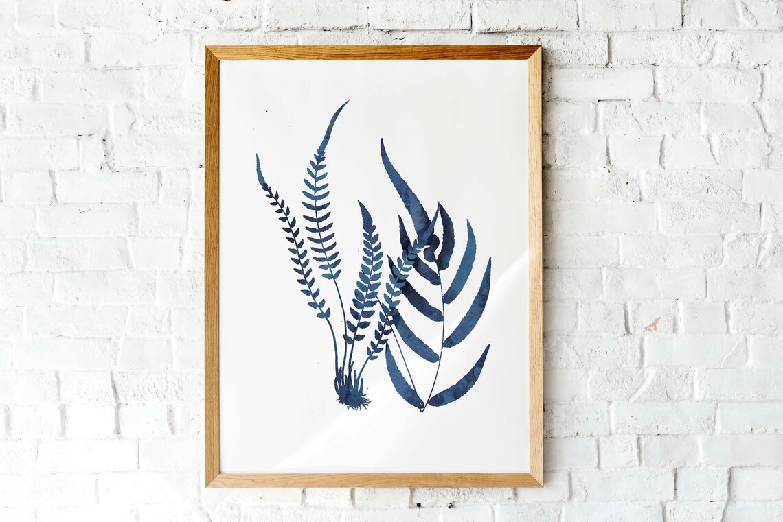 Indigo Blue Grass Fern Watercolor Botanical Nature Silhouette Print