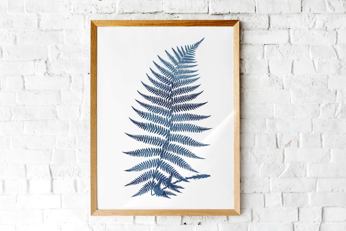 Indigo Blue Fern Single Frond Watercolor Botanical White Art Print