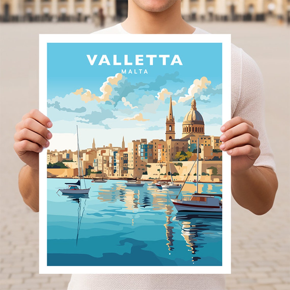 Valletta Grand Harbor Skyline Cathedral Dome Malta Travel Poster