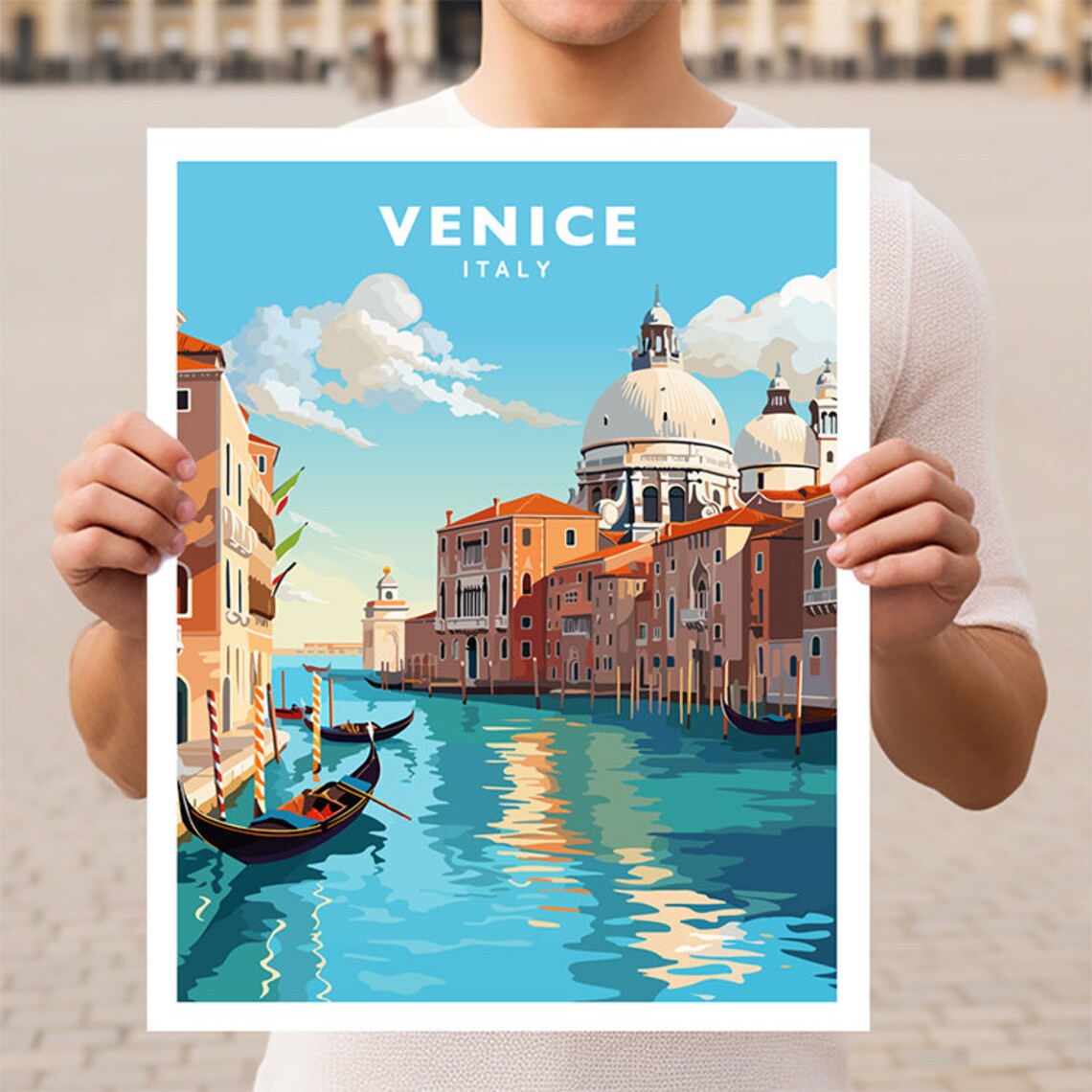 Venice Italy Grand Canal Gondolas Basilica Dome Vintage Travel Poster
