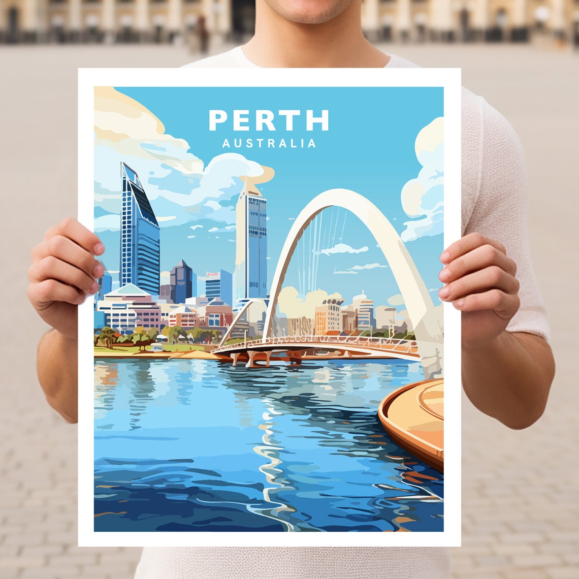 Perth Australia Swan River Skyline Arched Bridge Retro Travel Poster