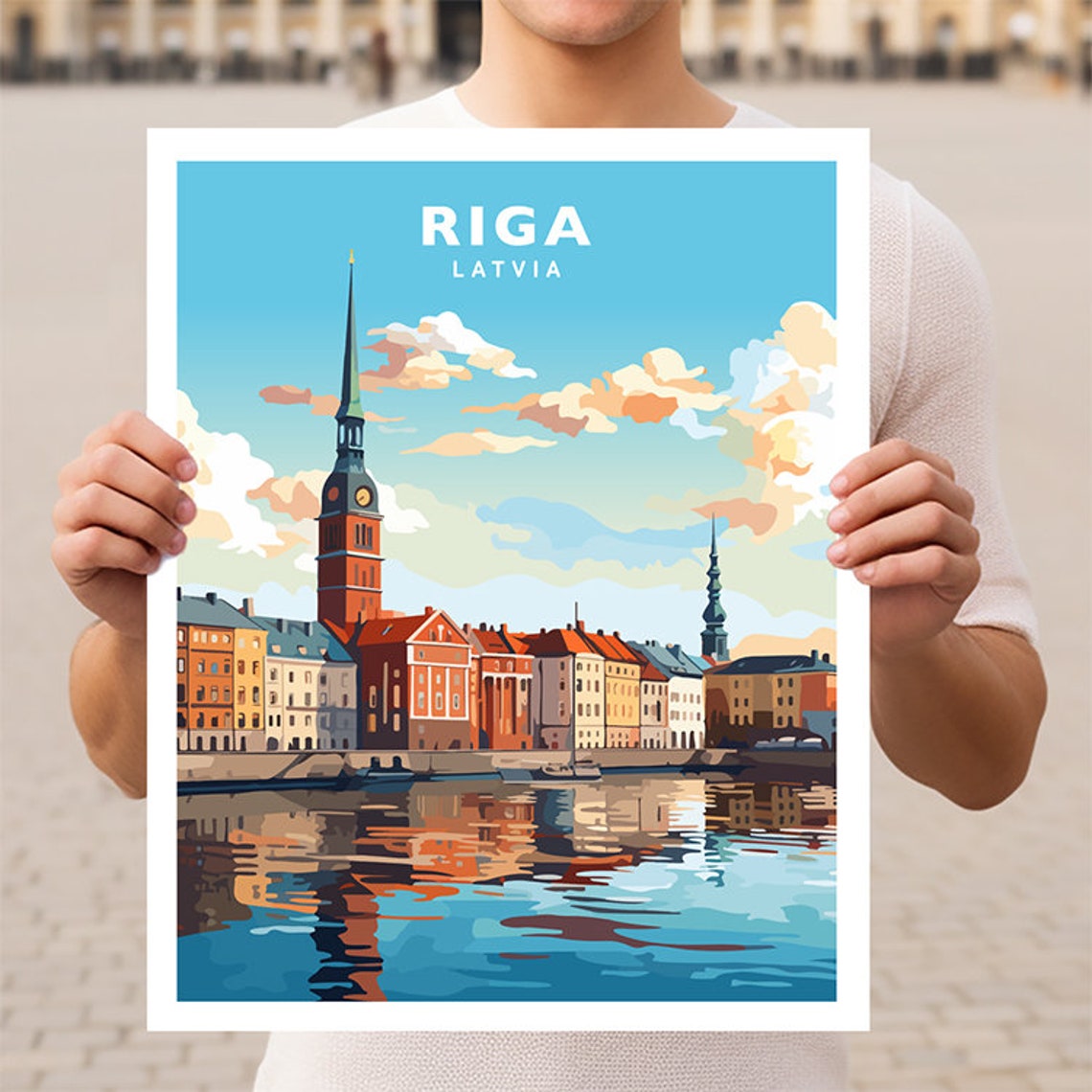 Riga Latvia Old Town Church Spire Waterfront Sunset Travel Poster