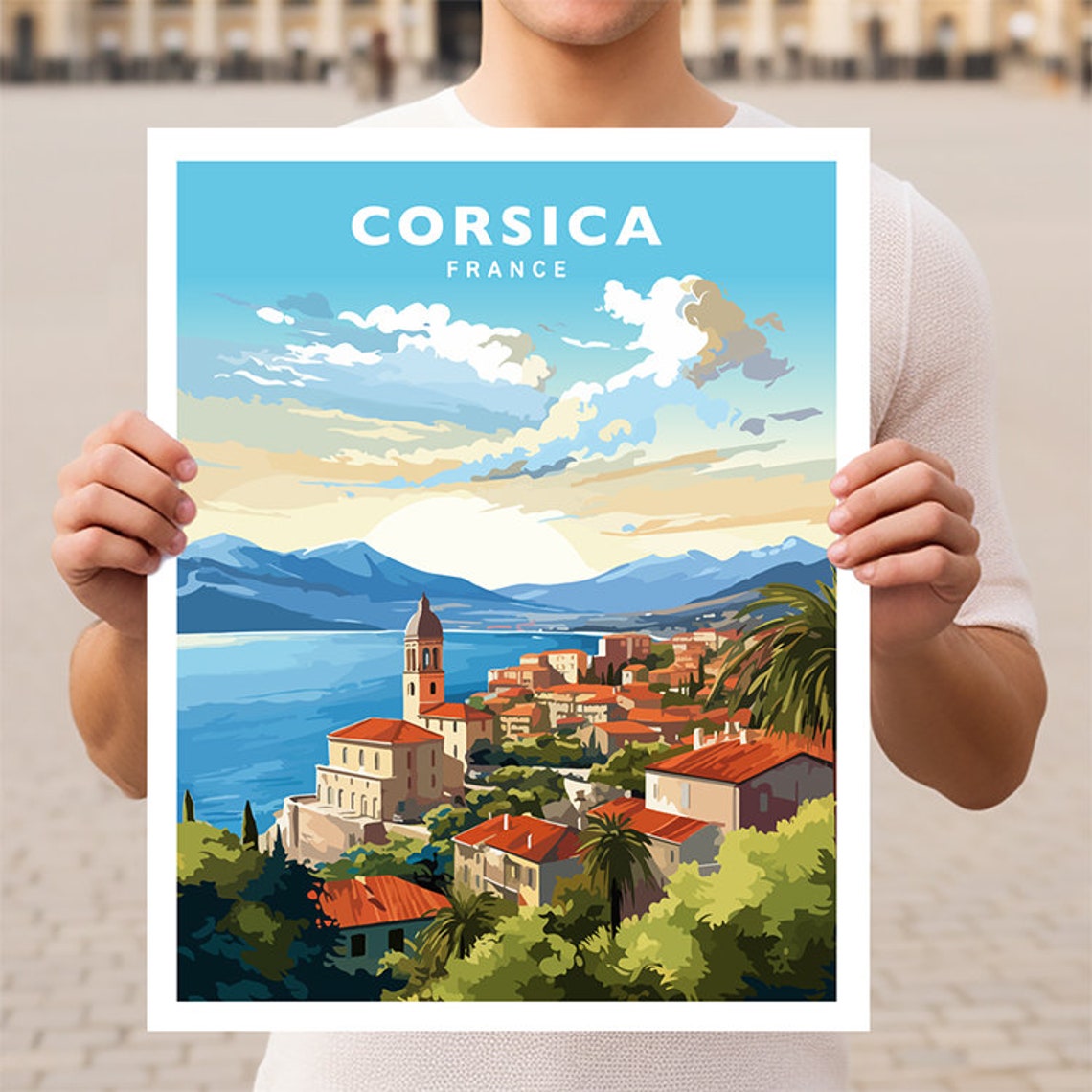 Corsica France Island Coastal Town Mountains Harbor Travel Poster