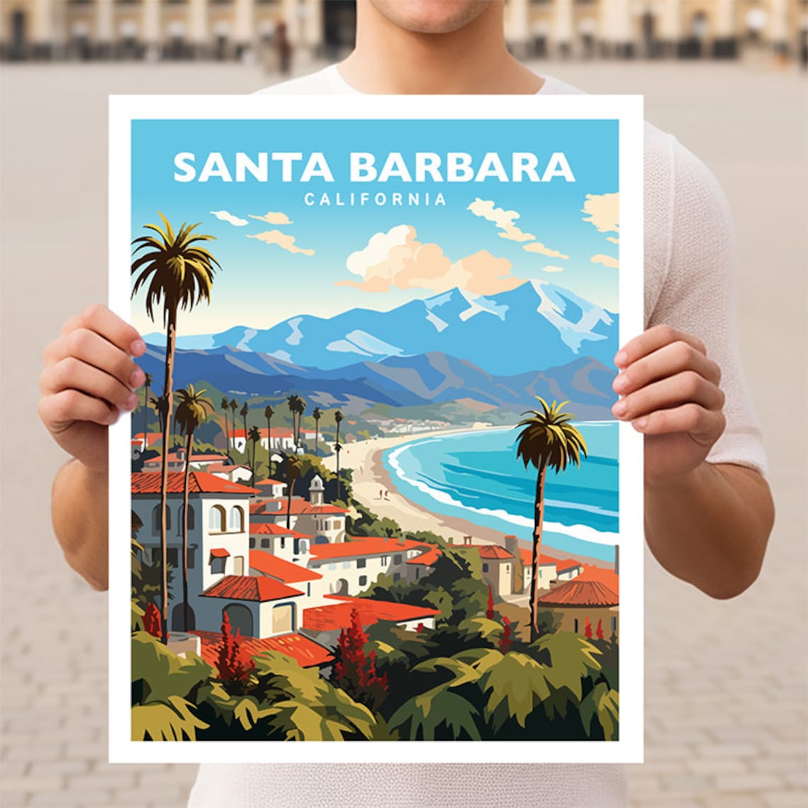 Santa Barbara California Travel Poster, Holiday Decor