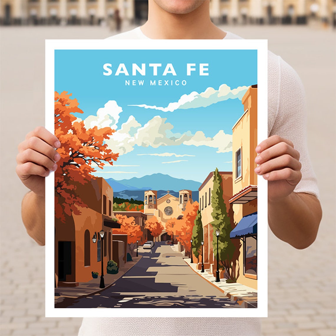 Santa Fe New Mexico Adobe Street Autumn Church Travel Poster