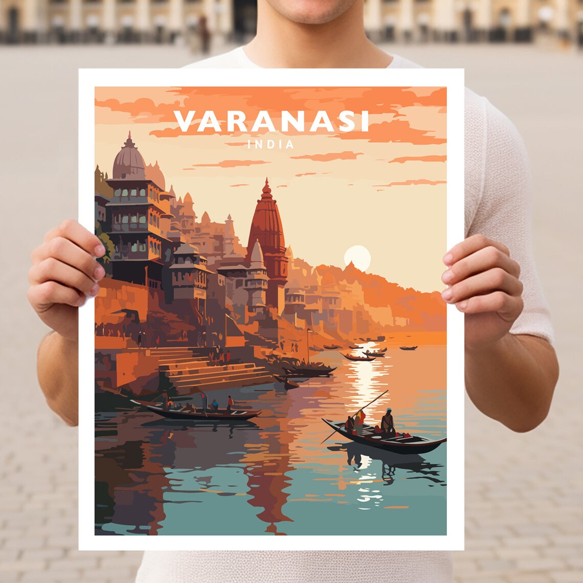 Varanasi India Ganges Ghats Sunset Boats Retro Vintage Travel Poster