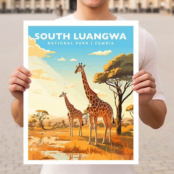 South Luangwa Zambia Giraffe Savanna Sunset Travel Art Poster